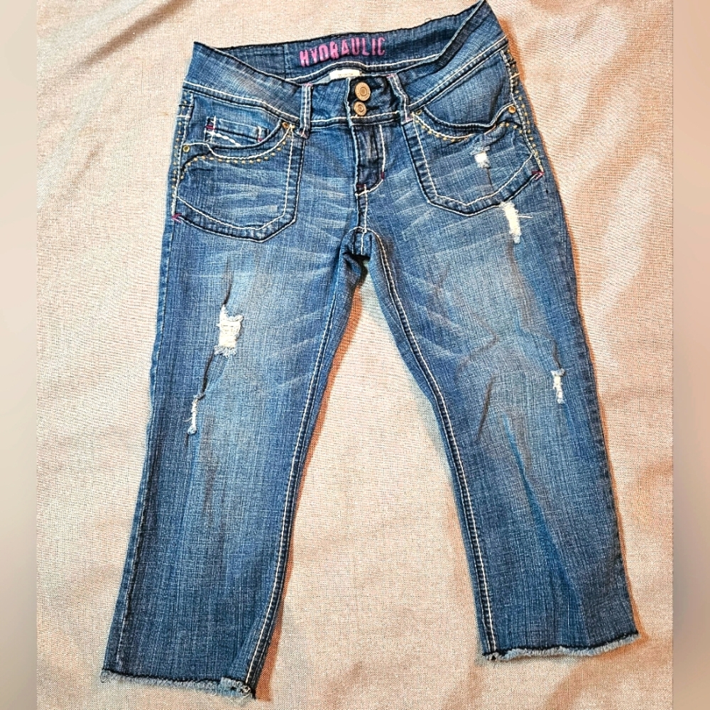 Hydraulic Capris Denim Y2K Lowrise Distressed 7/8 Raw‎ Hem